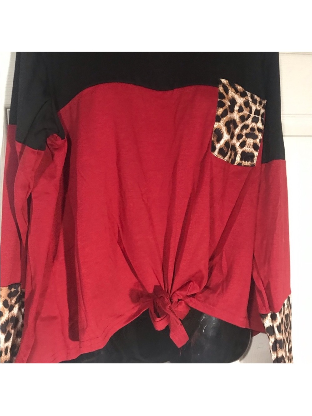 SHEIN Red & Black Long Sleeve Tie-Front Top with Leopard Pocket